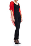 Model wearing short red ombre chiffon kimono facing right